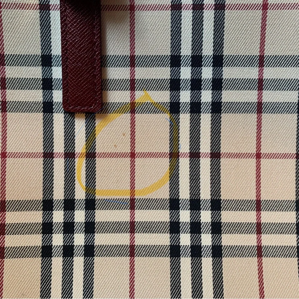 Burberry Beige Check Tote with Burgundy Trim